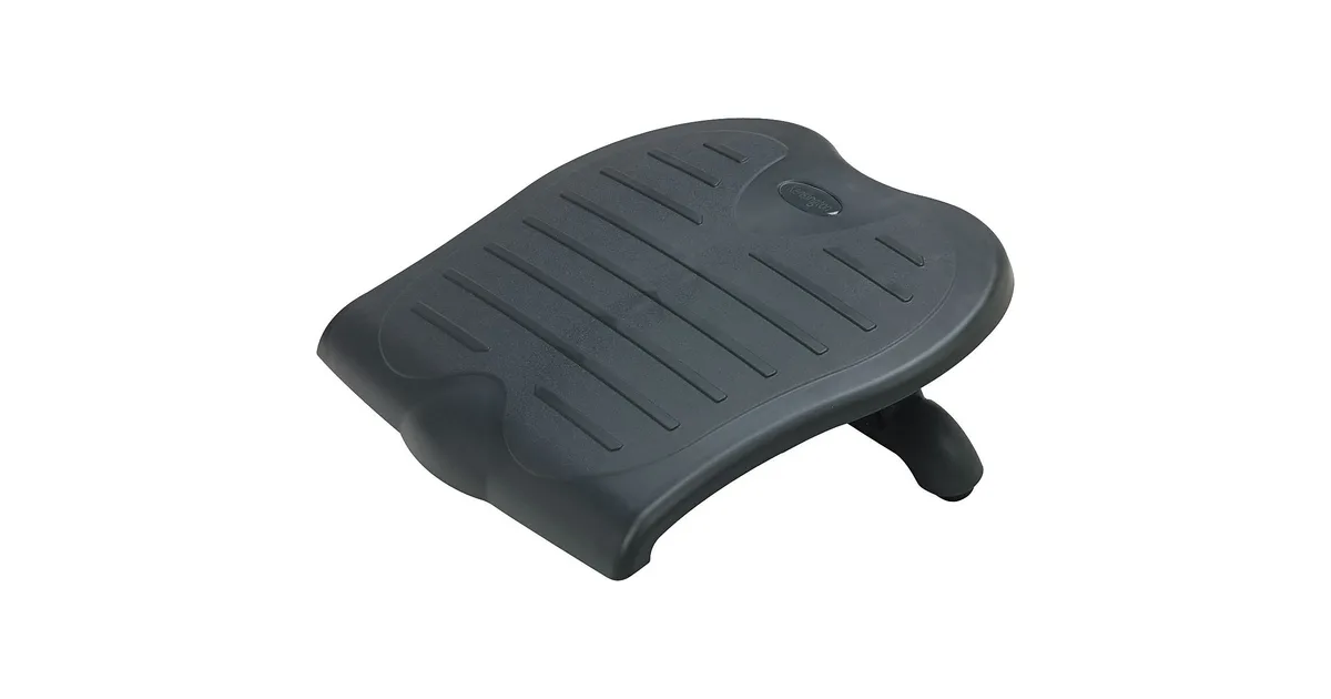 Black tilting under-desk footrest with ribbed non-slip surface