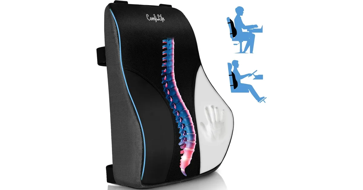 Black mesh lumbar support pillow with adjustable straps for an office chair