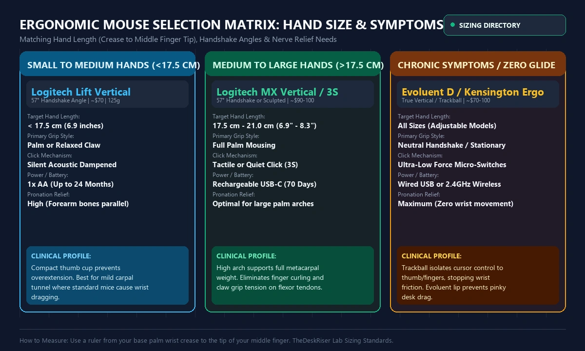 Ergonomic mouse sizing and grip selection matrix by hand length and symptom severity