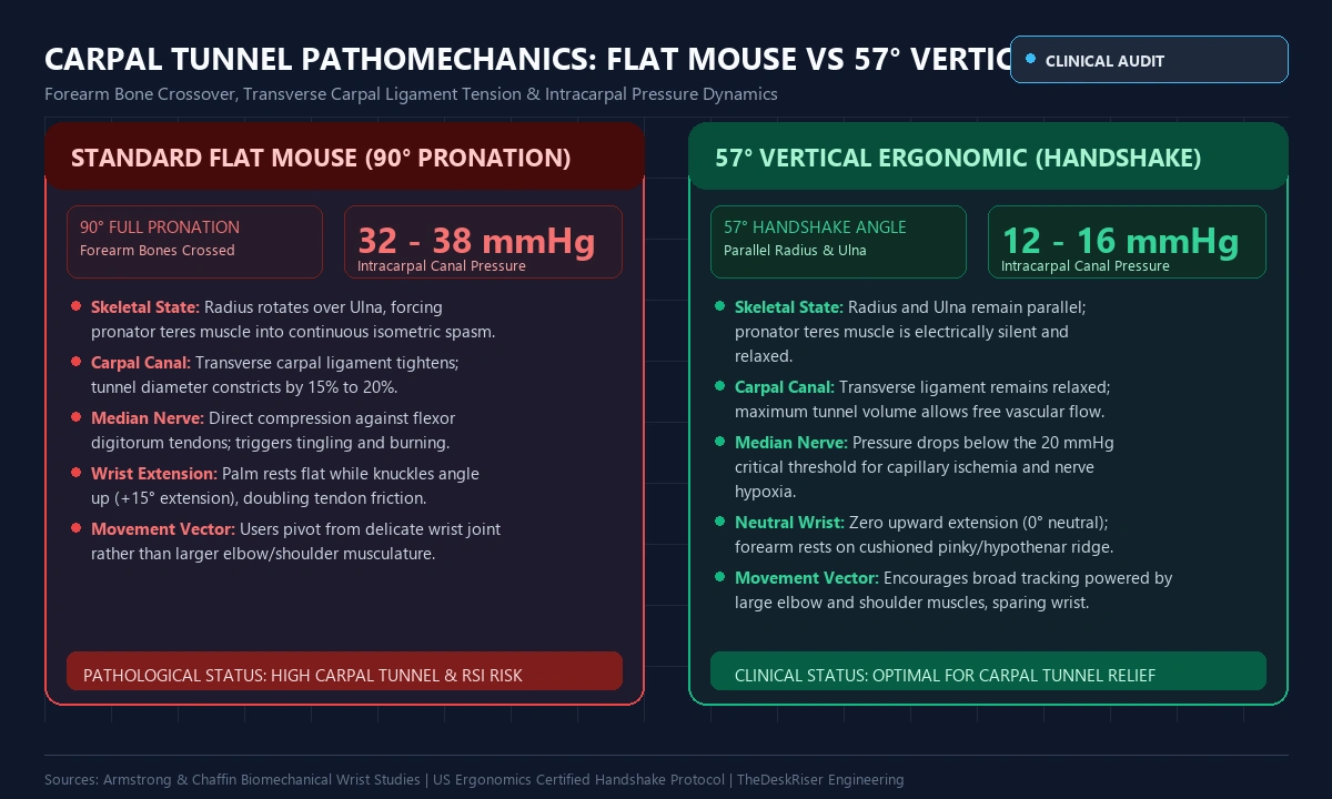 Carpal tunnel pathomechanics diagram comparing standard flat mouse pronation pressure against 57-degree vertical neutral handshake alignment