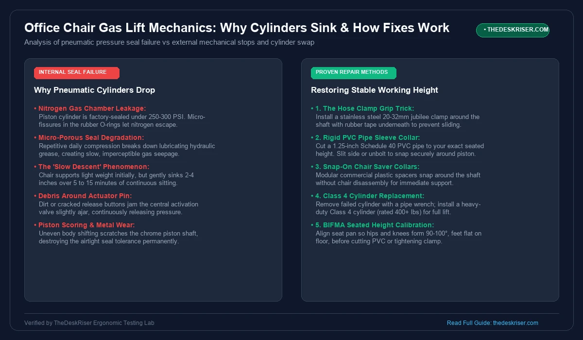 Office Chair Gas Lift Mechanics and Internal Seal Failure Diagram