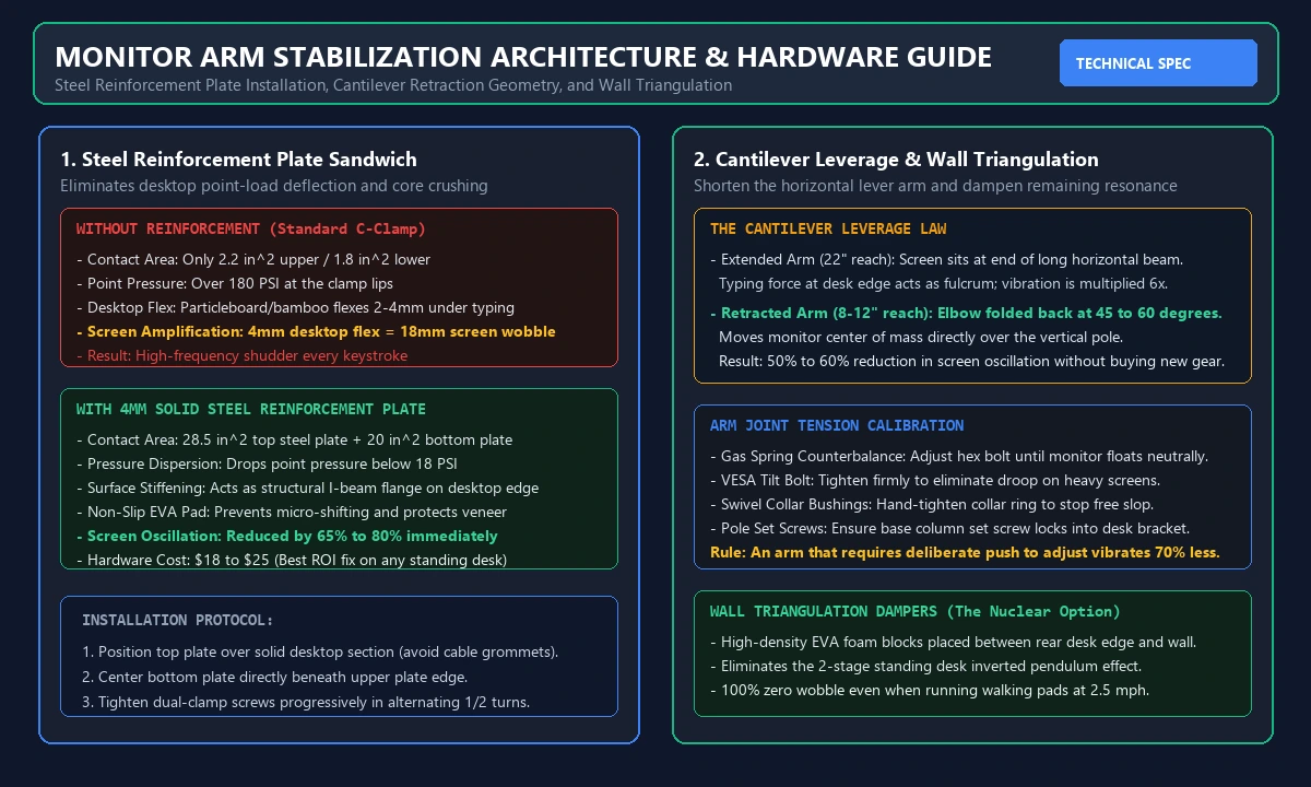 Monitor arm steel reinforcement plate architecture and cantilever leverage geometry guide
