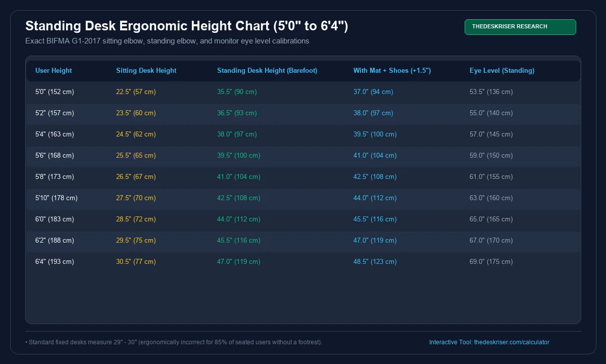 BIFMA Compliant Standing Desk Height Chart and Seated Dimensions by User Height