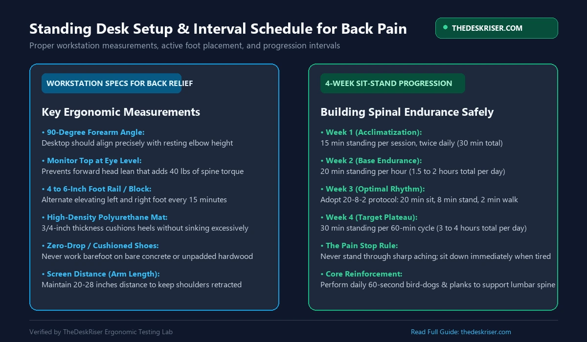 Standing Desk Ergonomic Height Settings and Footrest Elevation Schedule Diagram