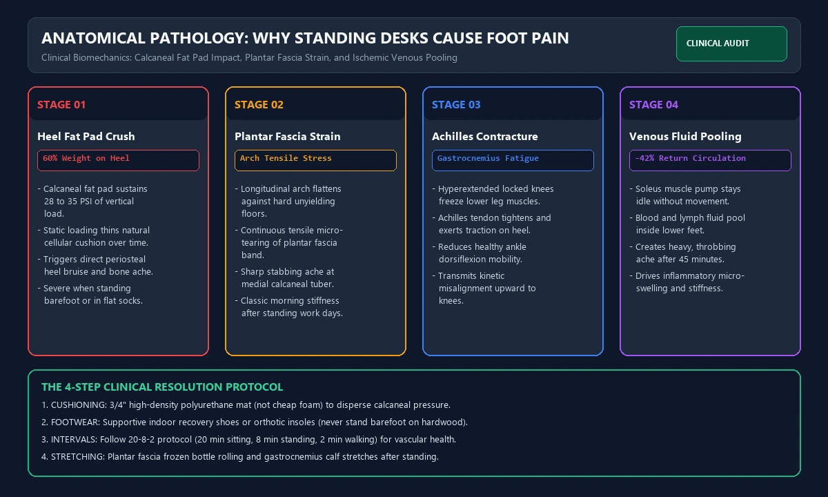 Biomechanical Pathology of Standing Desk Foot Pain, Plantar Fascia Strain, and Calcaneal Heel Compression Diagram