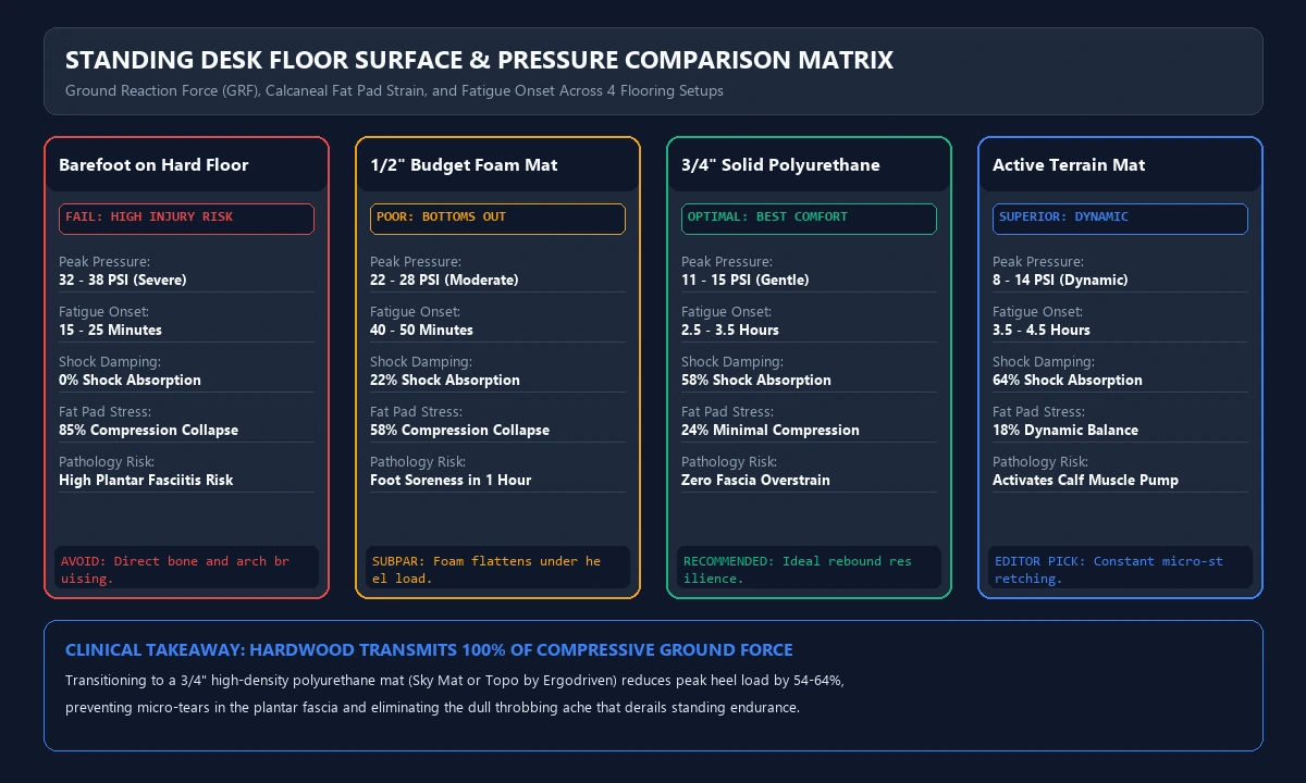 Standing Desk Floor Surface Pressure Comparison Matrix and Fat Pad Damping Diagram
