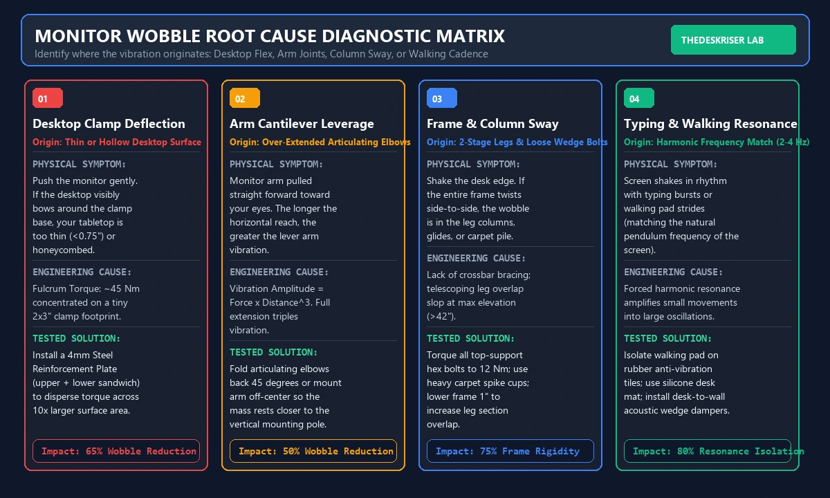 Comprehensive root cause diagnostic decision matrix for standing desk monitor wobble and vibration analysis