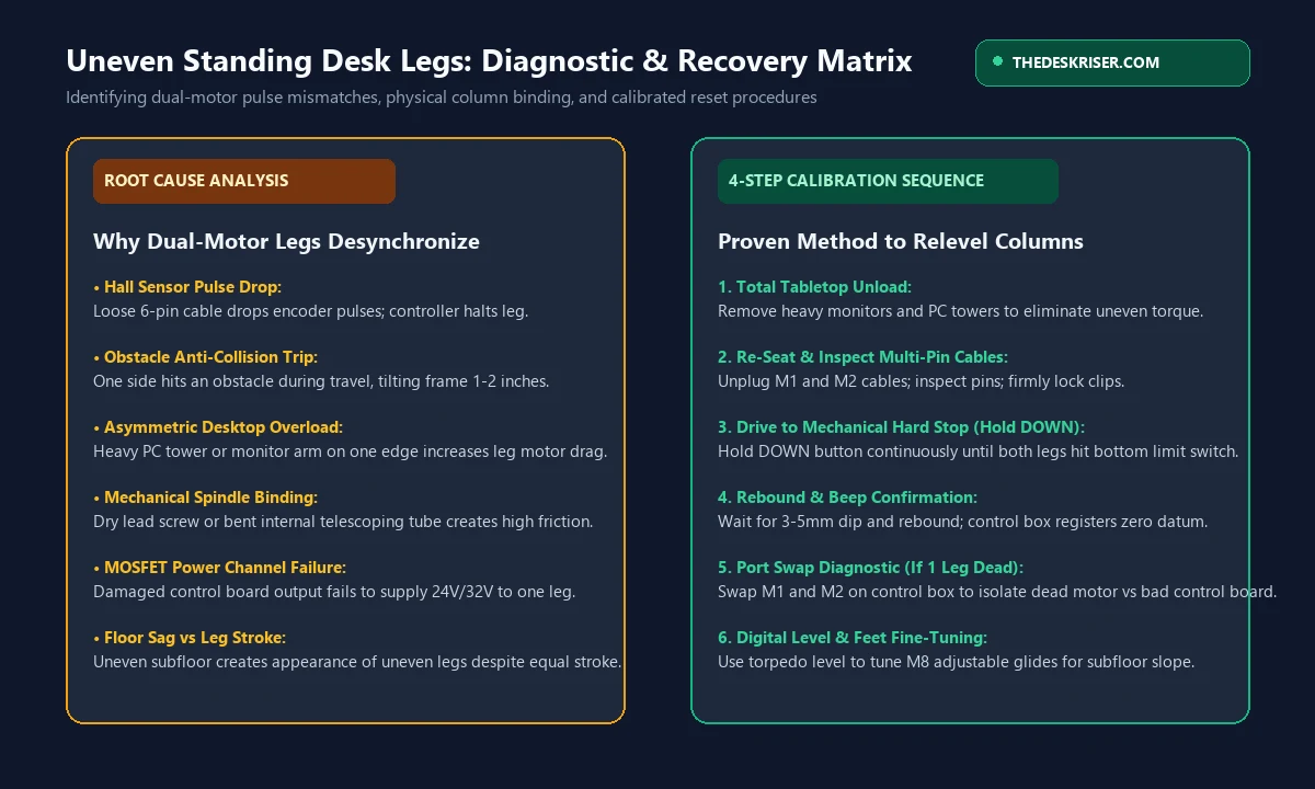Uneven standing desk legs troubleshooting matrix showing dual motor desync root causes and reset sequence
