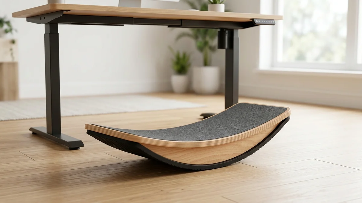 Curved wooden wobble board supporting dynamic stance at motorized electric standing desk