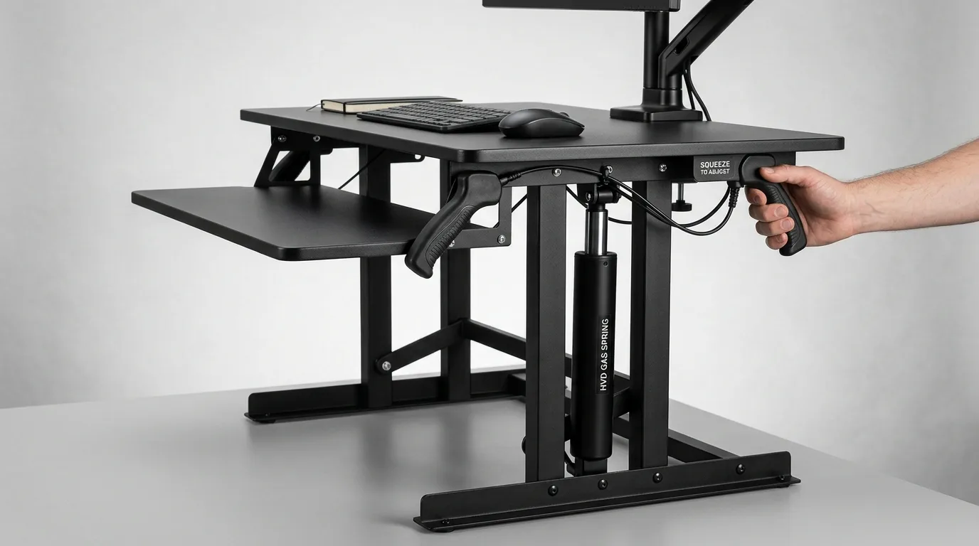 Commercial standing desk converter mechanism showing hydraulic gas spring and dual squeeze handles