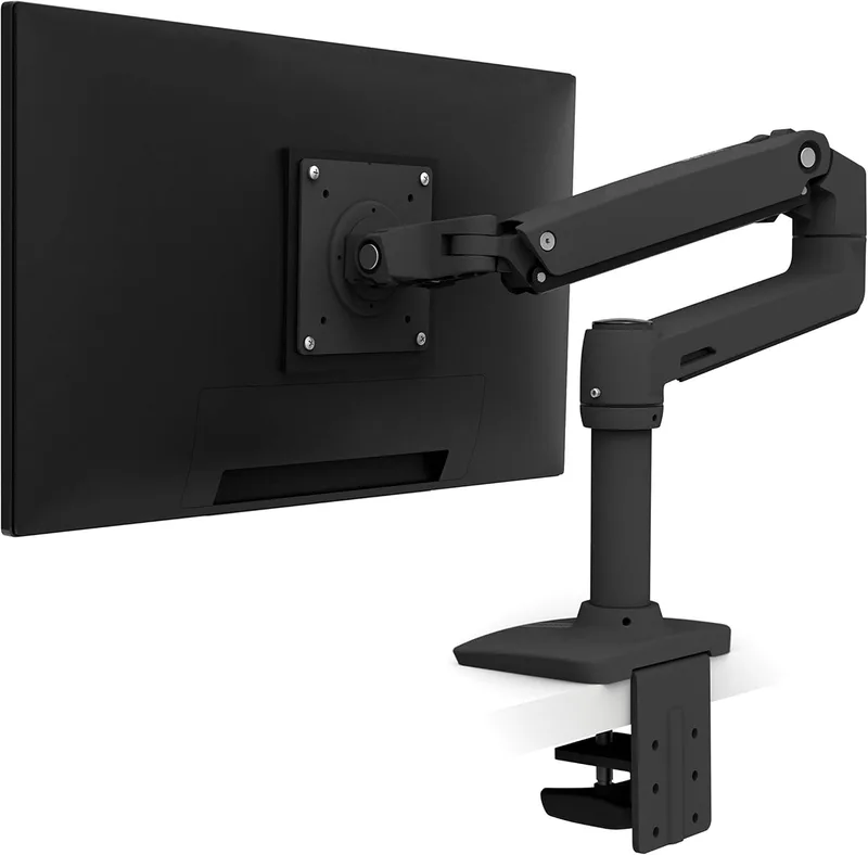 Ergotron LX monitor arm mounted with dual screens on a standing desk