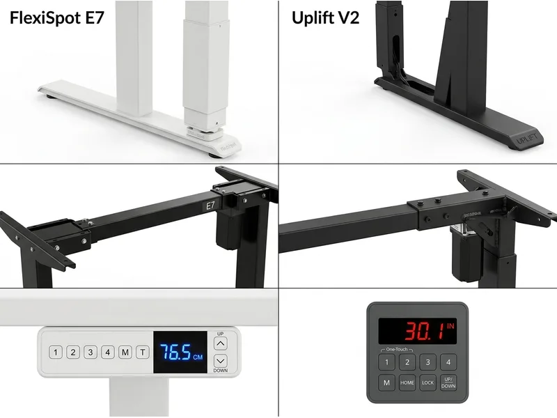 FlexiSpot E7 and Uplift V2 motorized frame leg mechanisms and digital keypads side by side