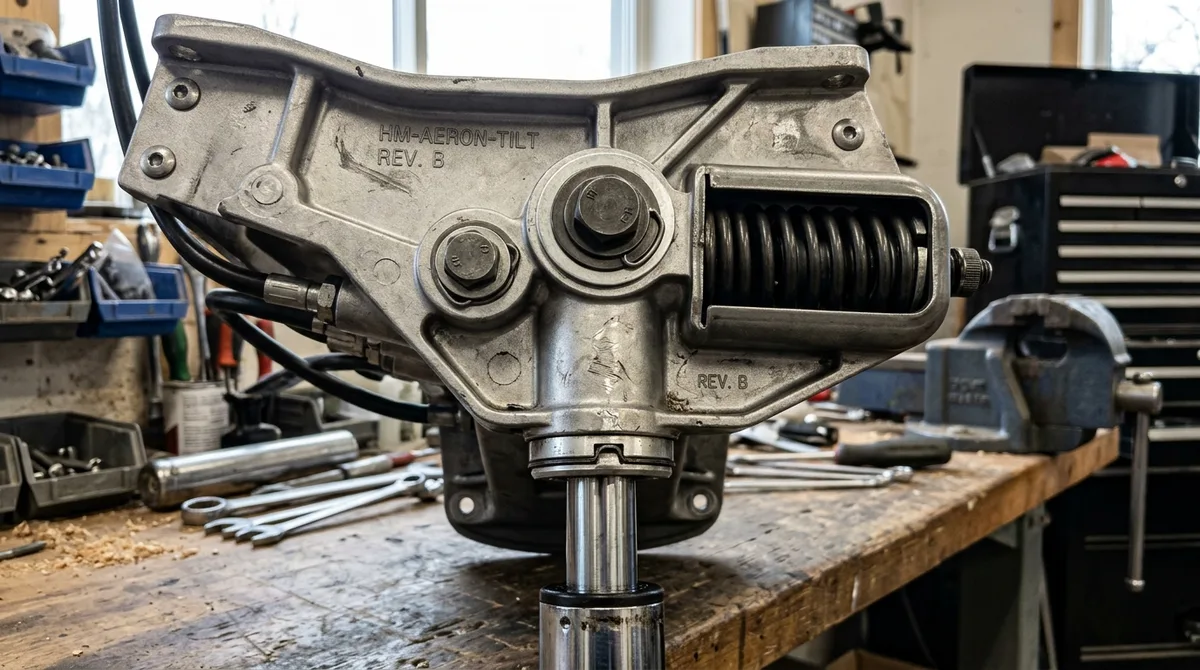 Detailed workshop inspection of the underside tilt mechanism, gas cylinder, and hip pivot bolts on a used Herman Miller Aeron chair