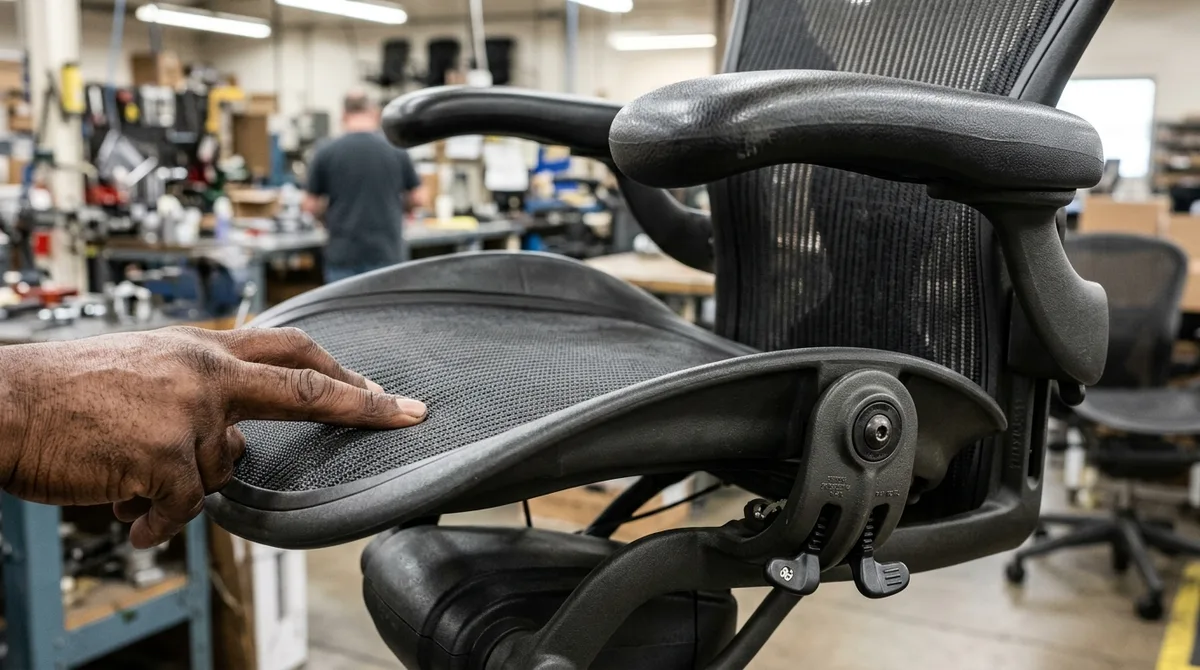Close-up inspection testing Pellicle mesh weave tension and armrest adjustment mechanism on a secondhand Herman Miller Aeron