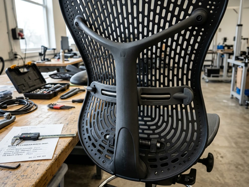 Detailed workshop inspection of the Herman Miller Mirra 1 TriFlex backrest and lumbar mechanism