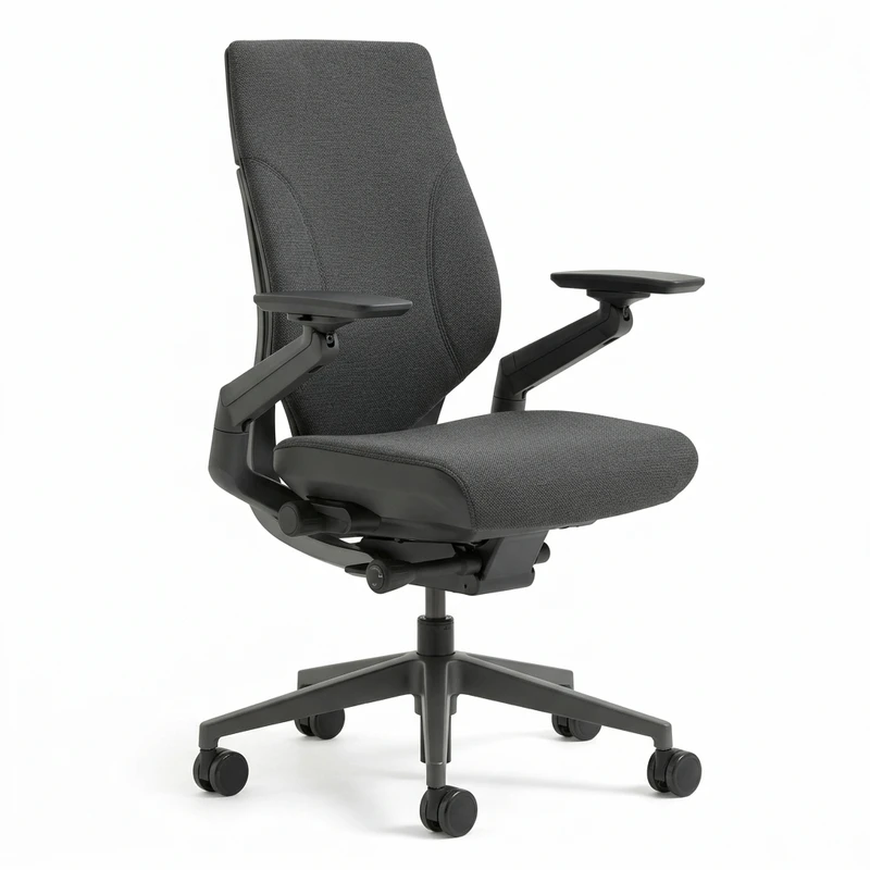 Steelcase Leap V2 ergonomic office chair with LiveBack lumbar tracking and 4D adjustable armrests in bright home office