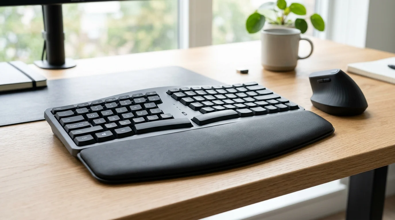Ergonomic split wave keyboard with cushioned wrist rest and vertical mouse on desk mat